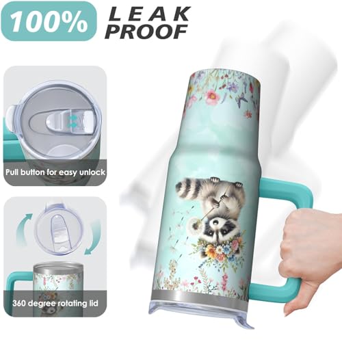 30oz Raccoon Stainless Steel Tumbler with Handle and Straw, Insulated Cup Travel Coffee Mug Water Bottle with Lid and Straw, Animal Lovers Women Gifts - color: Raccoon