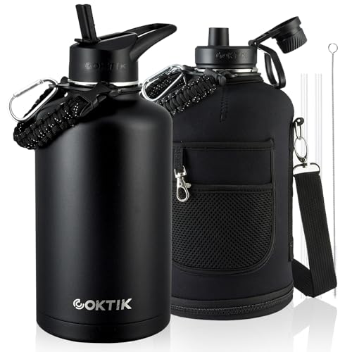 COKTIK 84oz Insulated Water Bottle - Stainless Steel Vacuum Metal, Portable ½ Gallon Large-Capacity Sports Bottle with Straw, Carry Bag and Handle Strap, Ideal for Gym & Hiking（Black) - color: Black, size: 84 Ounces