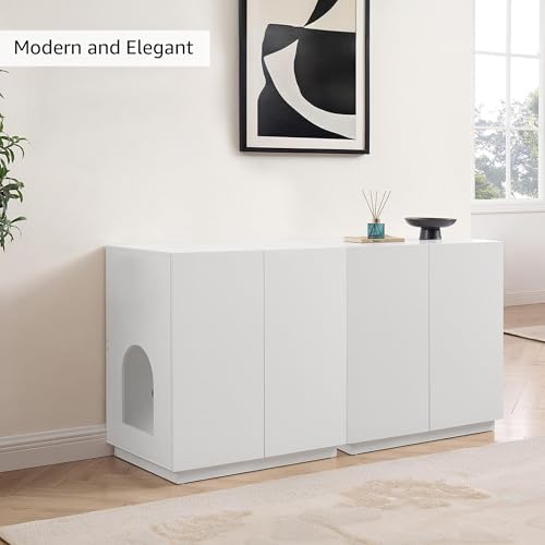 unipaws Tall Cat Litter Box Enclosure for Tall or Top Entry Litter Box | Hidden Litter Box Cover with Shelves, Kitty Enclosed Litter Box Cabinet, Cat Box Furniture - color: White