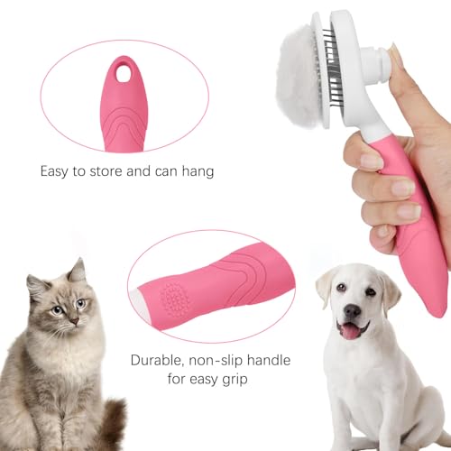 Self Cleaning Slicker Brush - Cat Brush Skin-Friendly Deshedding Grooming Massaging Tool for Long & Short Haired Pets, Cat Hair Brushes Easy Removes Undercoat for Dogs Cats Rabbits-UPGRADED, Pink - color: 1Pack Pink