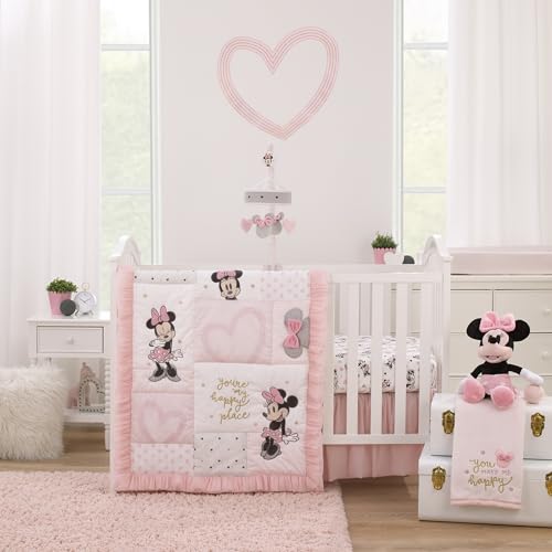 Disney Minnie Mouse My Happy Place Pink, Black, Gray, and White 100% Cotton Nursery Fitted Crib Sheet - color: Minnie Mouse - My Happy Place
