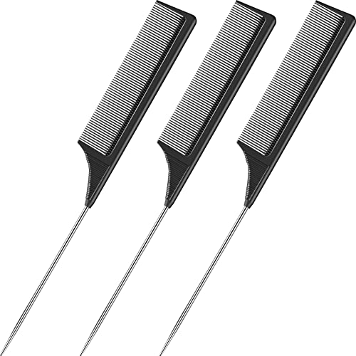 Leinuosen 3 Pack Rat Tail Comb Carbon Fiber,Black | Steel Pin Tail for Sectioning, Heat Resistant Teasing, Pick Comb for Women Wig Styling, Fishtail Design for Salon Updos - color: Black