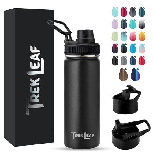 Travel Water Bottle with 3 Lids (Spout, Straw, Flip) Leak Proof, Quality, Vacuum Insulated, Stainless Steel (Black, 18 oz) - color: Black, size: 18 Ounces