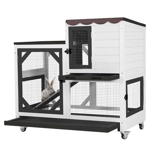 GUTINNEEN Rabbit Hutch Indoor Outdoor 2 Story Bunny House on Wheels Wood Rabbit Cage with 2 Pull Out Trays Guinea Pig Cage (Black) - size: 39.3"L x 22.0"W x 36.8"H