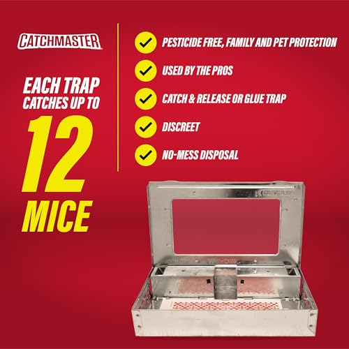 Catchmaster Multi-Catch Mouse Trap, Humane Mouse Trap Indoor for Home, Includes 1 Replaceable Glue Board, Live Catch Pest Control for Garage & Shed - size: 1-Trap Metallic