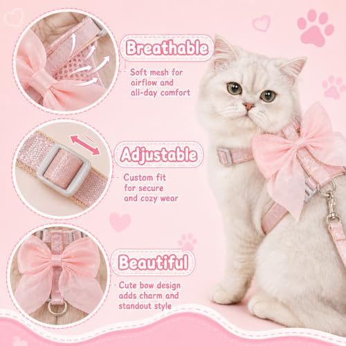 Kitten Harness and Leash Set, Escape Proof Cat Harness with Adjustable Design, Pink Bow Cat Vest Harness for Outdoor Walking, Soft Lightweight Harness for Small Cats Dogs Rabbits (Medium Size)