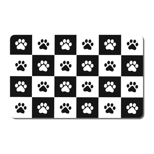 Rnivvi Dog Food Mat, 12" x 19" Footprint Absorbent Dog Cat Bowl Mat for Food and Water, Cute Anti-Slip Rubber Pet Feeding Rug Protect Floors, Puppy Placemat for Feeding & Watering Supplies,Black White - color: A-Black White Footprint, size: 12"x19" (Regul