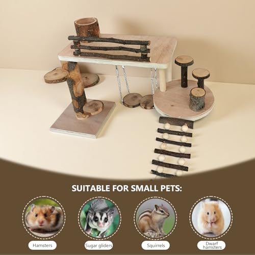 Wooden Hamster Playground & Activity Set, Hamster Climbing Toy, with Platform, Bridge, and Ladders for Small Pets (Wooden)
