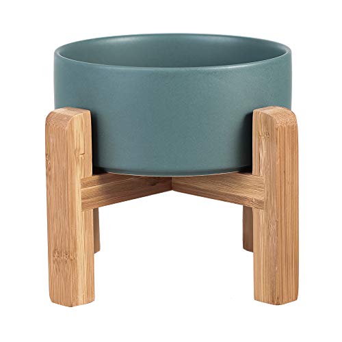 Green Ceramic Elevated Raised Cat Bowl with Wood Stand No Spill Pet Food Water Feeder Cats Small Dogs - color: Green, size: Medium Dog Bowls 850ML*1