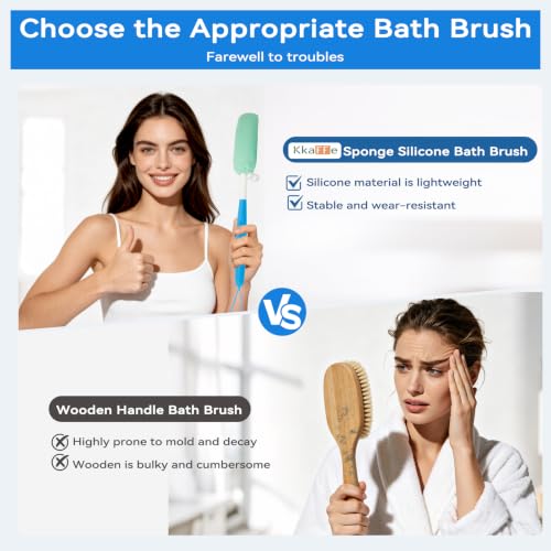 Back Scrubber for Shower,15.35"Curved Body Brush with Anti Slip Long Handle | Long Back Scrubber for Men & Women, Skin Exfoliating Curved Back Scrub Brush, Removable Long Handle Mesh Sponge Back Washer - size: Black+Blue Handle