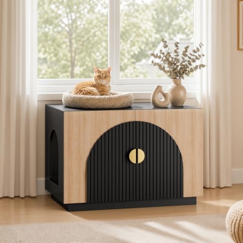 Amunrbrek Cat Litter Box Enclosure Furniture, 31.5" Arched Fluted Cabinet - color: Black and Natural