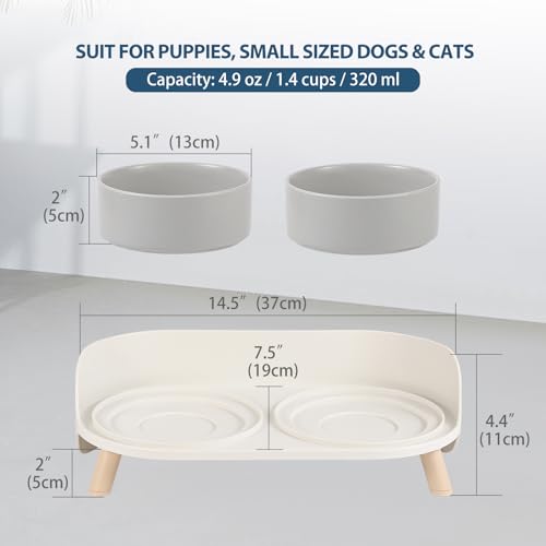 Raised Cat Food and Water Bowl Set - Elevated Ceramic Dishes with Non-Slip Stand and Splash Guard for Small Dogs - 2 x 320 ML (4.9 OZ) - Grey - color: Grey, size: Small