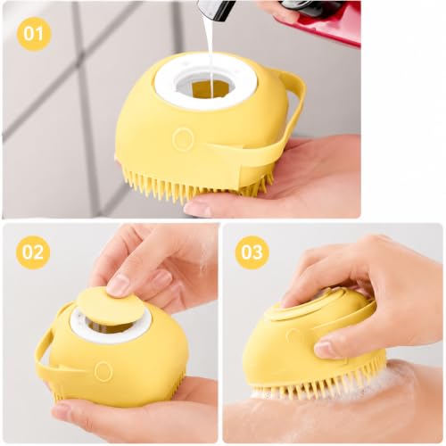Pet Grooming Bath Brush with Soap Dispenser, Soft Silicone Bristle Massage Brush for Dogs and Cats, Shower Bathing Tool for Long Short Hair