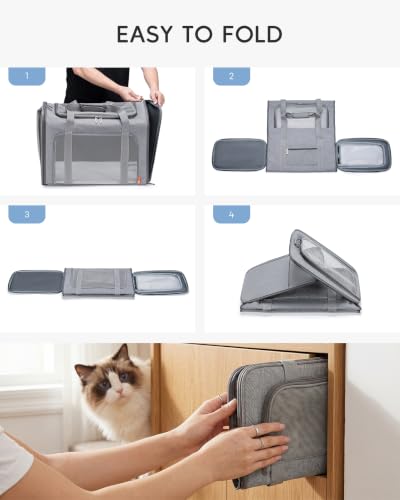 55x40x23 cm Soft-Sided Pet Carrier Bag Large Cat Small Dog Carriers | Up To 26lbs For Medium Cats Dogs Puppies Collapsible Travel Puppy Carrier with Foldable Bowls ,Grey - color: Grey