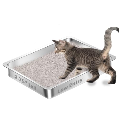 Low Entry Stainless Steel Cat Litter Box for Kittens, Metal Kitty Shallow Litter Box, Easy Access Kitty Litter Pan Tray, Easy Cleaning -17.72'' Lx 13.78'' W x 2.76'' H - color: 1 pack-17.72'' Lx 13.78'' W x 2.76'' H