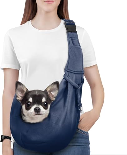 Pawaboo Small Dog Sling Carrier, Reversible Hands Free Dog Sling Carriers for Small Dogs and Cats, Puppy Slings Carrier with Adjustable Strap Buckle & Safety Harness, Puppy Essentials, Navy Blue - color: Navy Blue