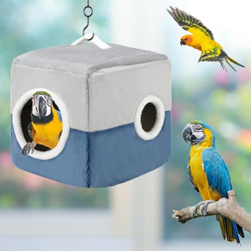 Bird Nest Parrot House, Winter Warm Snuggle Hut, Blue Gray S | Plush Interior, Dual Holes for Entry and Play, Hanging Handle, Cage Hideaway, Small to Medium Birds - color: Blue coffee color