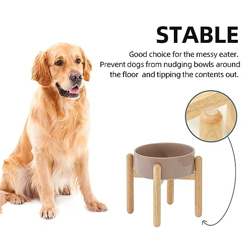 Havniva Elevated Dog Bowls Ceramic Dog Bowls with Stand, Dog Food Bowl | 8.3” Raised Dog Bowls with Non-Slip Wood Stand, Dog Food and Water Bowl Set, Dog Feeding Bowls for Large Dogs - color: Bowl+Stand - Brown Coffee, size: 8.3inch