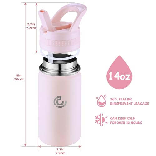 14 Oz Kids Water Bottle, Stainless Steel Water Bottle with Straws, Leak-Proof, BPA-Free, Insulated Water Bottles for School Boys & Girls|Pink - color: Pink