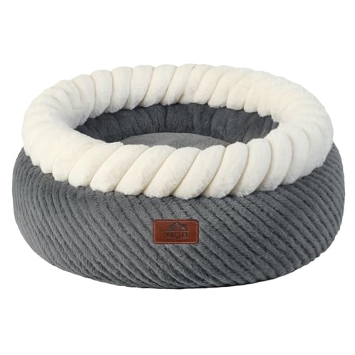 Hollypet Round Cat Bed Small Dog Beds with Detachable Cushion, Gray | Cat Bed for Indoor Cats Washable Fluffy Small Dog Bed Cozy Plush Pet Beds with Non-Slip Bottom for Pets up to 22 lbs - color: Gray and White