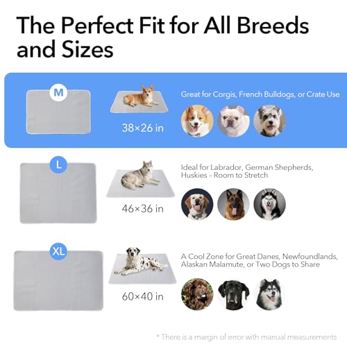 Dog Cooling Mat 38"x26" +20% Large for Medium Dogs, M | Chew-Resistant, Non-Slip & Machine Washable, Ice-Silk Self-Cooling Pad(Q-Max>0.4), Leak-Proof TPU, Crate Indoor Outdoor - size: Medium 38"x26"