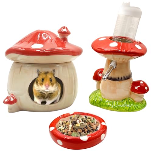 Mushroom Ceramic Hamster Hideout, Water Bottle with Stand, Food Bowl, Hamster Accessories (red) - color: red