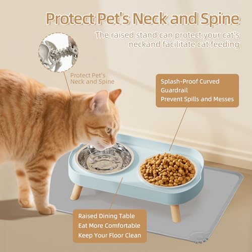 Elevated Cat Bowl with Food Mat, Raised Cat Food and Water Bowl Set for Indoor Cats, Splash Proof with 2 Stainless Steel Pet Food Bowls for Cats and Puppies,Whisker Fatigue and Dishwasher Safe (Blue) - color: Cat Bowls with mat - blue