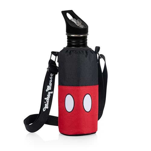 Picnic TIME Disney Mickey Mouse Bottle Cooler Tote with Included 24 oz Bottle, Insulated Water Bottle Carrier with Adjustable Shoulder Strap for Travel Picnic Theme Parks, (Black with Red Pattern)