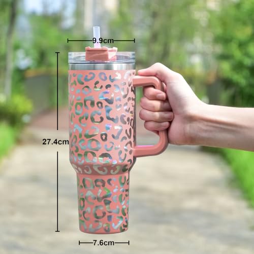 40 oz Tumbler with Handle and Straw, 100% Leak-Proof Travel Mug, Stainless Steel Double Wall Vacuum Insulated Coffee Cup Keeps Cold For 34 Hours, Dishwasher Safe, Lavender Leopard - color: Lavender Leopard