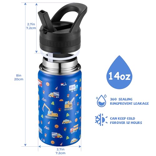 14 Oz Kids Water Bottle, Stainless Steel Water Bottle with Straws, Leak-Proof, BPA-Free, Insulated Water Bottles for School Boys & Girls|Blue Car - color: Blue cartoon car