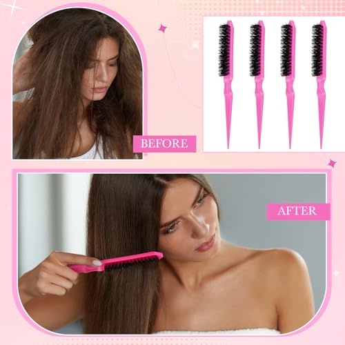 Yaomiao 6 Pcs Teasing Brush Set, 3 Row Nylon Rat Tail Combs for Fine Hair, Back Combing, Root Lifting, Scalp Massage, Hair Brushes for Women Salon Home Use(Pink) - color: Pink