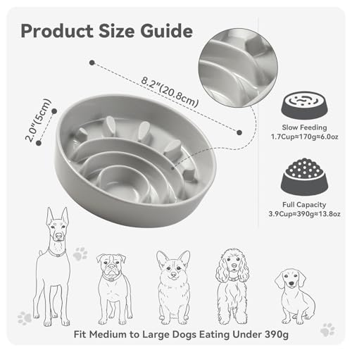 Ceramic Slow Feeder Dog Bowl, 1.8 Cups Anti -Slip Slow Feeding Bowl to Slow Down Eating, 8.2 Inch Dog Food Dish for Medium to Large Breeds, Grey - color: Grey, size: Medium