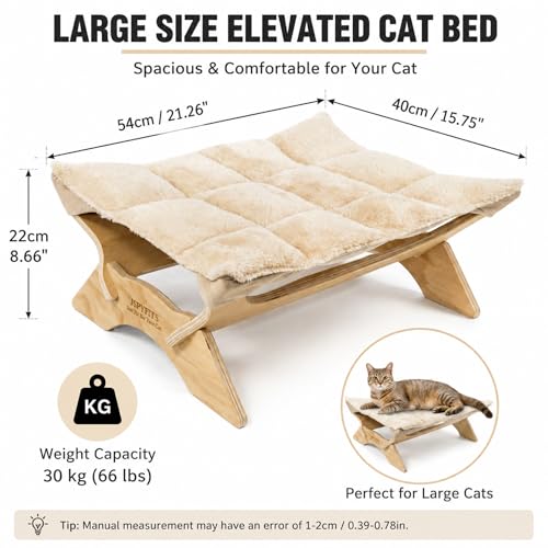 JSPYFITS Elevated Cat Bed Hammock, Raised Cat Bed with Dual-Sided Plush & Linen Cushion, Machine Washable & Breathable Cover Tool Free Easy Assembly, up to 66Lbs (Beige) - color: Chic Beige