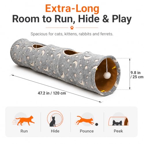 Cat Tunnel Tube with Plush Ball Toys Collapsible Self-Luminous Photoluminescence, for Small Animals Pets Bunny Rabbits, Kittens, Ferrets,Puppy and Dogs Grey Moon Star - size: 47.2Inch