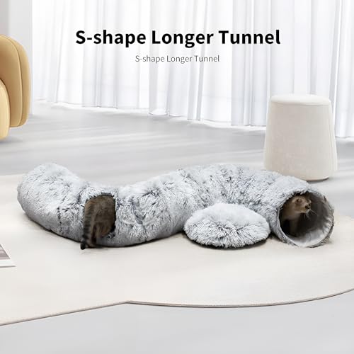 Cat Tunnel Bed for Indoor Cats with Washable Cushion Cat Cave Donut Tunnel with Fluffy Ball Big Round Tube Pet Playground Toys Soft Plush Peekaboo for Kitten, Cat, Puppy, Rabbit, Ferret - color: Grey