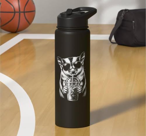 Funny Sugar Glider Drinking Iced Coffee Stainless Steel Insulated Water Bottle - color: Black