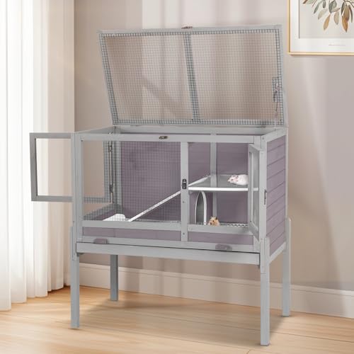 Wooden Guinea Pig Cages Indoor,Two-Story Wooden Rabbit Cage Hutch with Removable Stand and Pull Out Tray, Small Animals Cage Habitat with Ramp and Plastic Mesh(Grey&Purple) - color: Grey&Purple