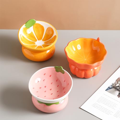 Cute Ceramic Raised Cat Food Bowl, Orange Shaped Cat Dish | Elevated Design, Fruit Themed, Anti Vomiting, Tilted Feeding, Indoor Cats - color: Yellow