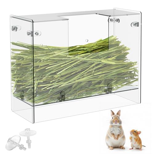 Acrylic Rabbit Hay Feeder with Lid, Transparent Hanging Food Dispenser Hay Feeder for Bunny Rabbits Guinea Pig Cage Chinchillas Hamsters Small Pets and Animals（Medium - size: M