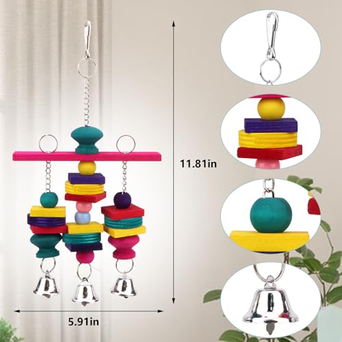 Hypeety Parrot Hanging Swing Bells Chew Toy Colorful Hanging Wood Block Natural Birds Toy for Parrot Macaw African Greys Cockatiels Budgies Conure Cage - color: Wooden Hanging Swing