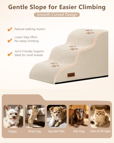 Aodisman Dog Stairs for Small Dogs,3 Step Dog Ramp for Couch,Non-Slip Steps | Pet stairs help small dogs, old cats, and puppies reach couches and chairs easily, durable indoor dog steps,15.4" H,Beige - color: Beige