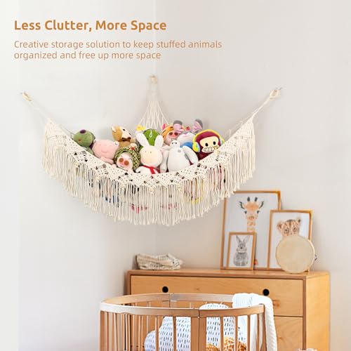 Large Stuffed Animal Net or Hammock, Stuffed Animal Storage Macrame Toy Hammock Hanging Net for Stuffed Animals Corner, Plushie Net Hammock Toy Organizer for Boho Kids Room Nursery Playroom - color: Cream White