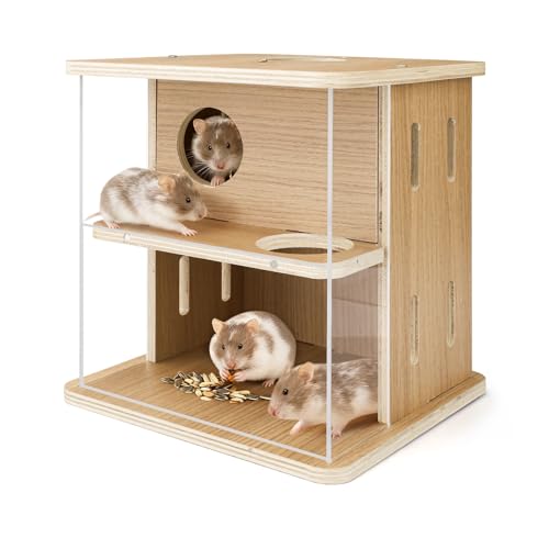 Double-Decker Hamster Hides with Acrylic Viewing Panels, Wooden Hamster Hideout for Syrian Hamsters Gerbils, Detachable Mouse House (Natural Color)