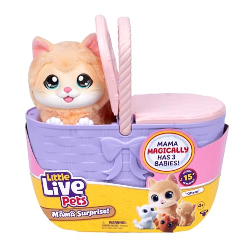 Little Live Pets Mama Surprise Kittens, Interactive Mama, Surprise Toys | Portable basket, fish accessory, 3 baby kittens, and 15+ sounds and reactions for ages 4+ toy cat play - style: Kitten