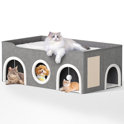 Top Bed Three Rooms Cat Condos,All-in-1 Extra-Wide Cat House for Indoor，Multi Cats Puppy Family, Large Cat Cave for Pet House with Fluffy Ball Hanging and Scratch Pad, Foldable Hideaway