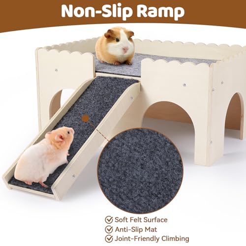 Guinea Pig Hideout 2-Tier Wooden Small Animal Hideout Sturdy Guinea Pig Castle with Ramp & Platform for Bunny, Chinchilla, Rat & Hamster - Easy Assembly Multi-Level Habitat