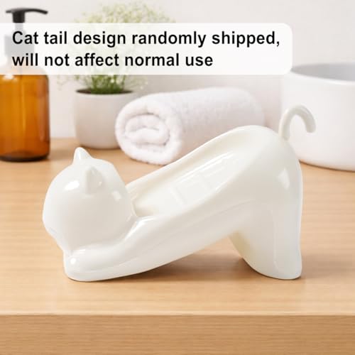 Cat Shape Soap Dish, Plastic Cute White Cat Soap Dish with Drainage Holes, Non-Slip Animal Sponge Holder Bathroom Storage Container for Bathroom, Sink, Tub Sink, Shower, Kitchen Counter
