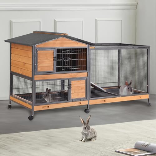 Indoor Rabbit Hutch with Metal Frame & Pull-Out Tray - Spacious Cage with Exercise Run Area for Rabbits (Orange, L) - color: Orange