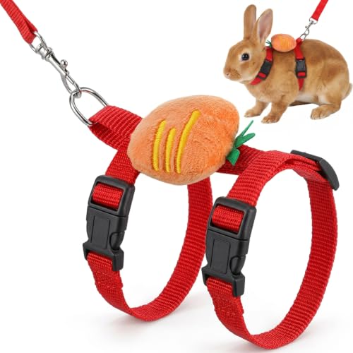 Rabbit Harness and Leash Set, Bunny Leash for Walking Escape Proof, Adjustable Cute Vest with Decoration for Ferret Cat Puppy Small Pets (Carrot)