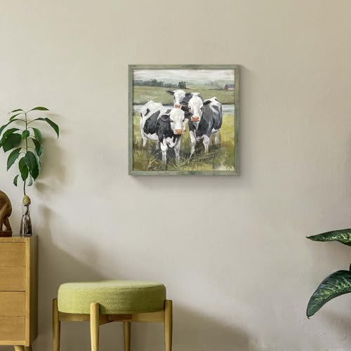 Rustic Farm Wall Art Framed: Abstract Animal Picture Country Wooden Texture Artwork Painting Cattle Cow Print Decor for Farmhouse Living Room Bedroom 24 x 24 Inches - color: Farm Cow, size: 24L" x 24W"